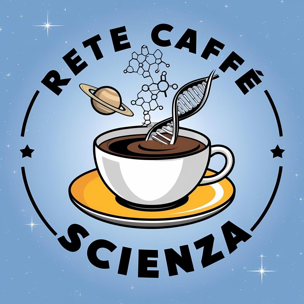 Logo della rete italiana dei Caffè Scienza, organizzazione per la divulgazione scientifica. L' immagine mostra il disegno di una tazzina di caffè, in cui è immersa una doppia elica di DNA come fosse un biscotto